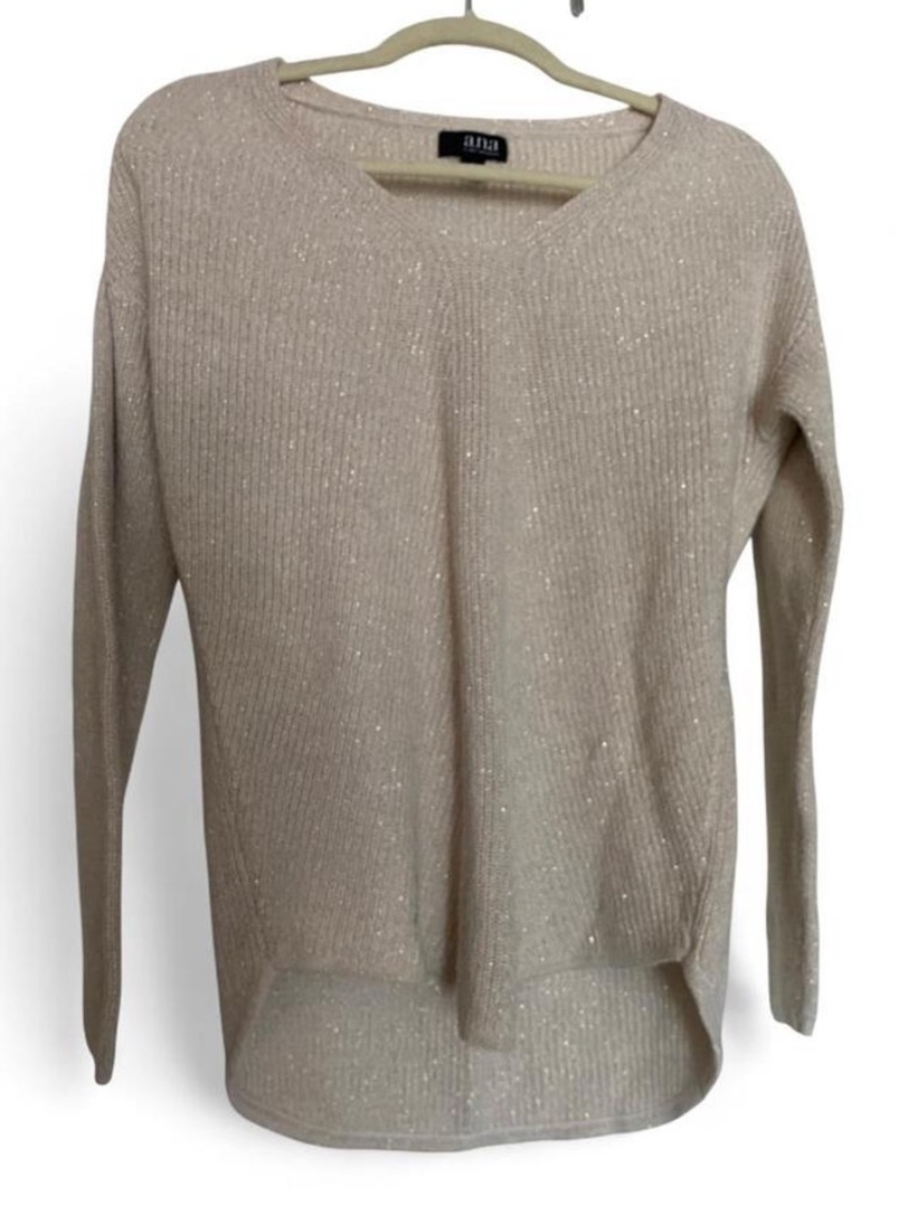 a.n.a Gold Sparkle Shimmer Metallic Cream/Beige V-Neck Knit Sweater Size M